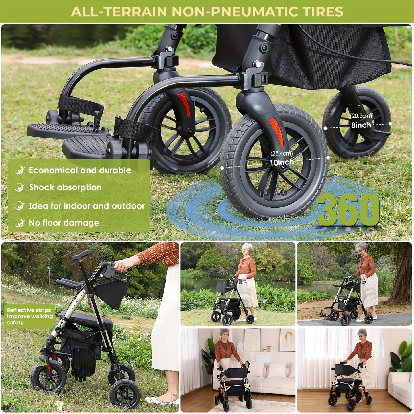 Foldable Rollator Walker with Seat - Heavy-Duty 300 lb Capacity, Lightweight 2-in-1 Mobility Aid with Adjustable Height Seat & Handle, All-Terrain Wheels, Linear Brakes, Ergonomic Backrest & Cushioned Seat - Ideal for Seniors