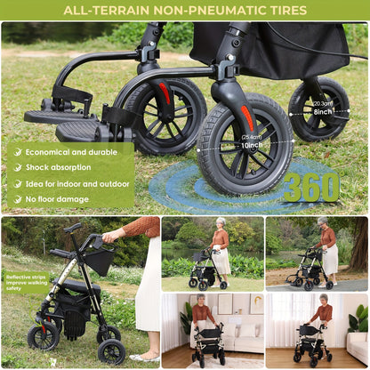 Foldable Rollator Walker with Seat - Heavy-Duty 300 lb Capacity, Lightweight 2-in-1 Mobility Aid with Adjustable Height Seat & Handle, All-Terrain Wheels, Linear Brakes, Ergonomic Backrest & Cushioned Seat - Ideal for Seniors