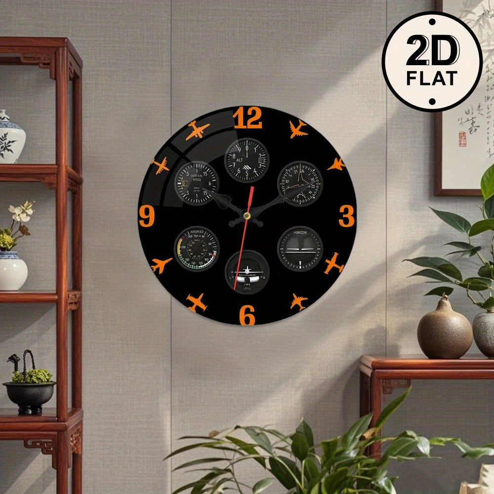 1pc Aviation Instrument Panel Wall Clock - Pilot Dashboard Design with Black Background, Orange Needle - Silent Non-Ticking Quartz Movement - for Living Room, Office, Aviation Decor - Compatible with AA Batteries (Not Include