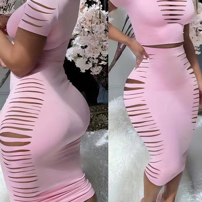 Summer Women'S European And American Fashion Round Neck Short Sleeve T-Shirt, Hip-Wrapping Midi Skirt, Ripped Sexy Set