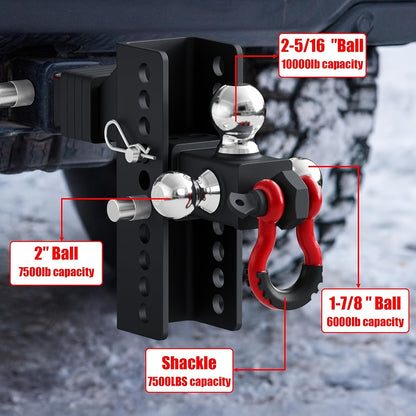 TYT Heavy Duty Adjustable Trailer Hitch Tri-Ball Mount With Locks&Pin&Rotatable Tow Shackle, Fits 2-in Receiver, 6-7/8" Rise/Drop, 1-7/8" & 2" &2-5/16" Ball