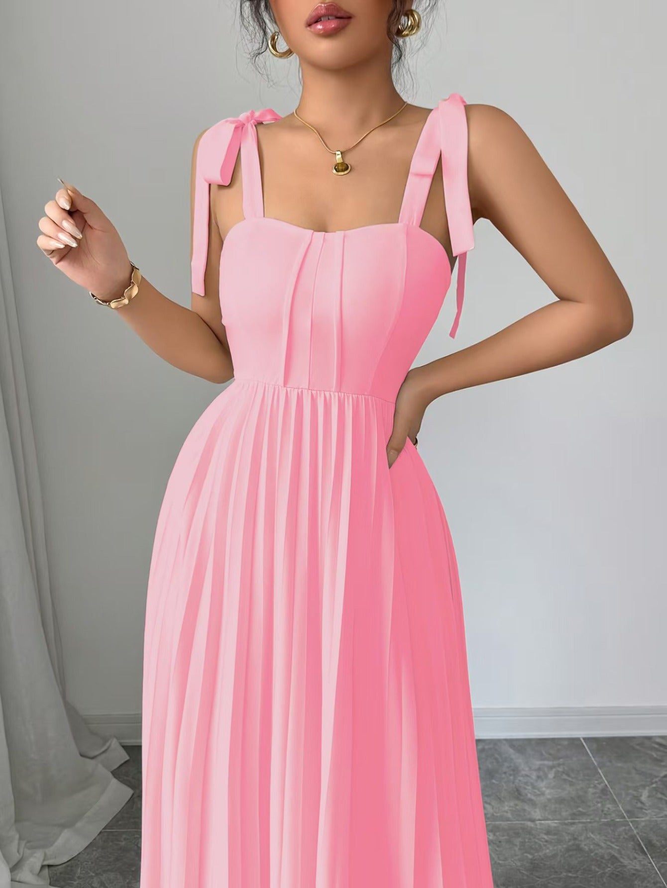 Plus Size - Plus-Size Women'S Elegant Halter Neck A-Line Dress with Bow Accent & Pleated Skirt - Vibrant Pink Floor-Length Formal Party Wedding Guest Dress, Round Neck Long Sleeve Spring/Autumn Evening Gown, Structured Fit fo