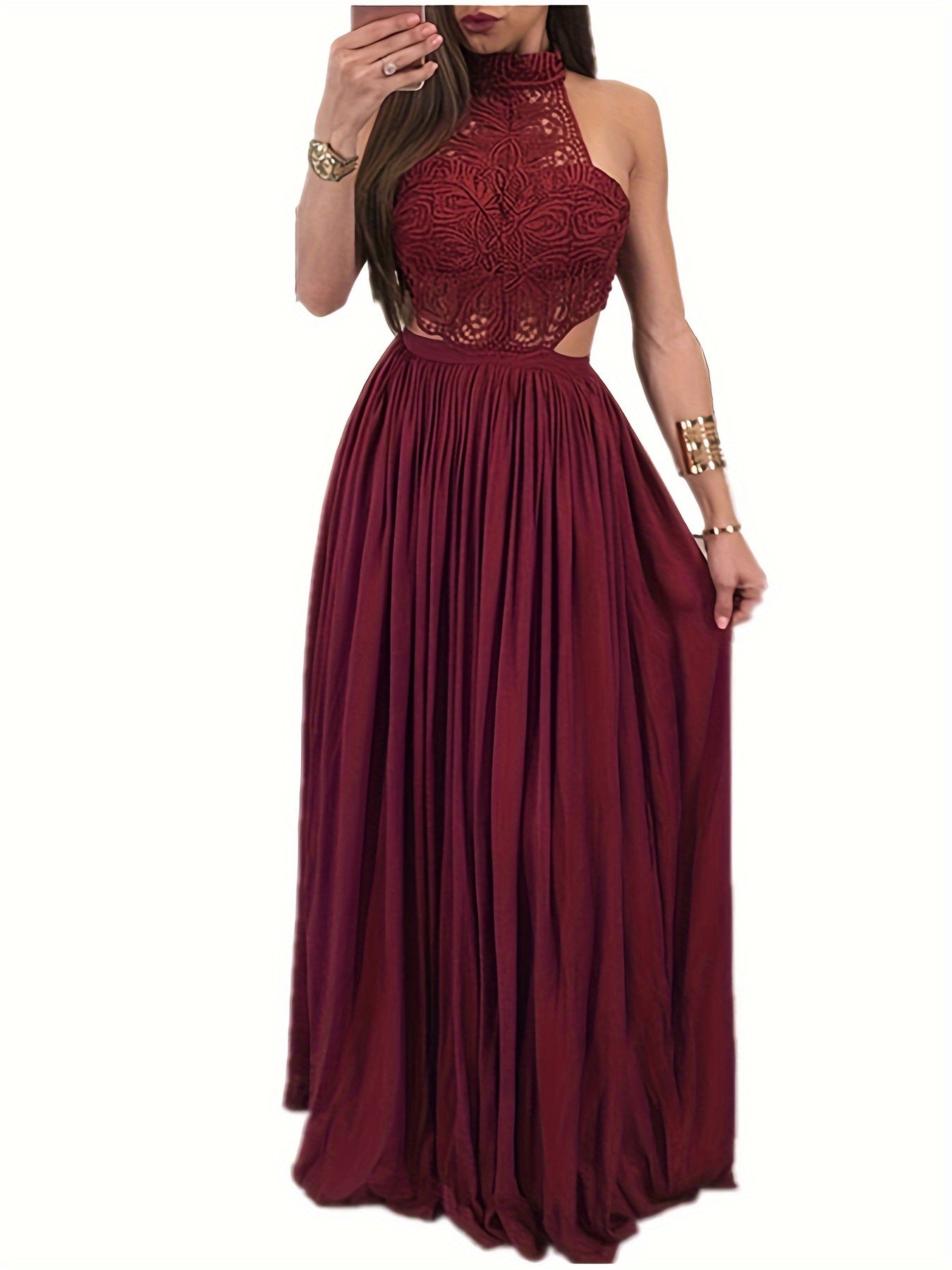 Women Hollow Out Lace Halter Dress, Crochet High Waist Pleated Maxi Dress Wedding Party Dress