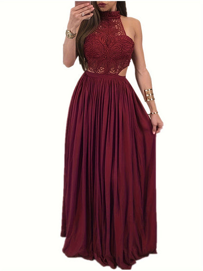 Women Hollow Out Lace Halter Dress, Crochet High Waist Pleated Maxi Dress Wedding Party Dress