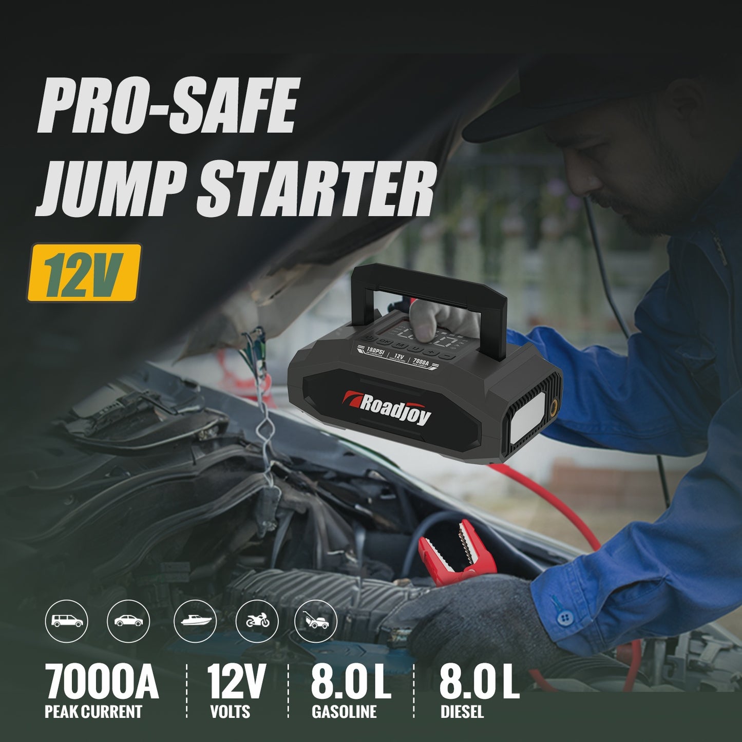 Roadjoy 7000A Peak Portable Jump Starter with Air Compressor, 150PSI Digital Tire Inflator, 12V Car Battery Charger, 2.11gal Gas/Diesel Engine, Fast Charge USB QC18W, LED Emergency Light, Power Bank & Power Station, USB-Power