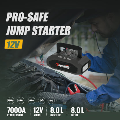 Roadjoy 7000A Peak Portable Jump Starter with Air Compressor, 150PSI Digital Tire Inflator, 12V Car Battery Charger, 2.11gal Gas/Diesel Engine, Fast Charge USB QC18W, LED Emergency Light, Power Bank & Power Station, USB-Power
