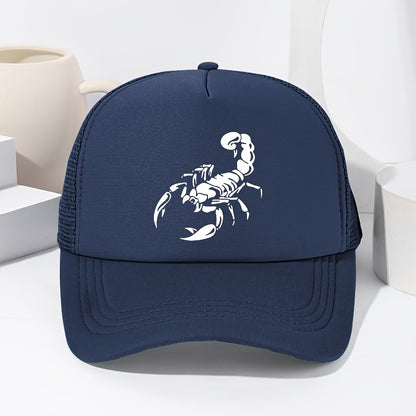 Unisex Scorpion Print Baseball Cap - Breathable Mesh Trucker Hat with Adjustable Fit for Outdoor Sports, Fishing & Casual Wear, Black with White Scorpion Design, Spring/Summer Collection, Spring Summer Cap | Stylish Headgear