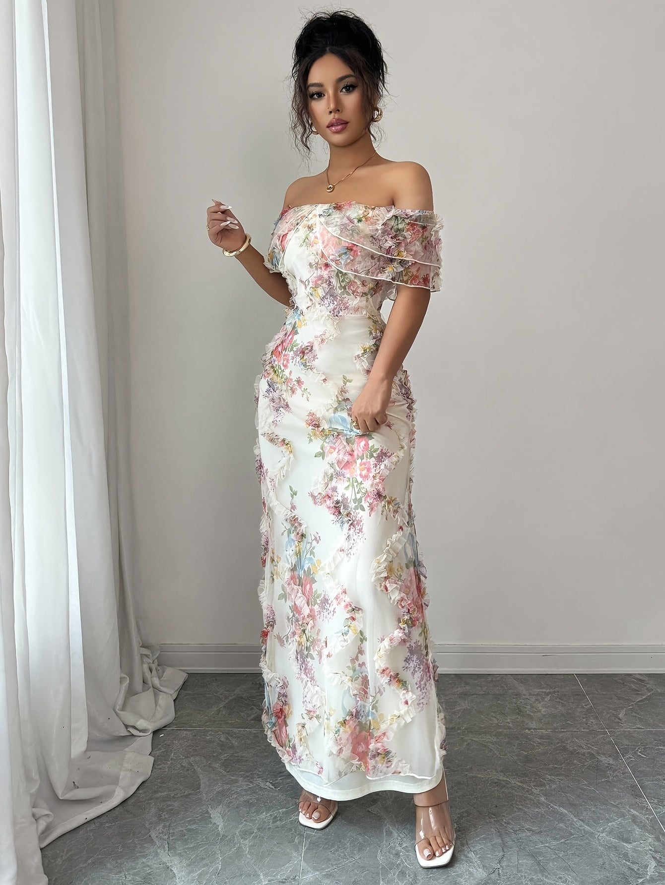 A Stylish And Romantic Off-Shoulder Bodycon Dress for Women, Featuring Ruffles And a Floral Sheer Design That Highlights The Waist