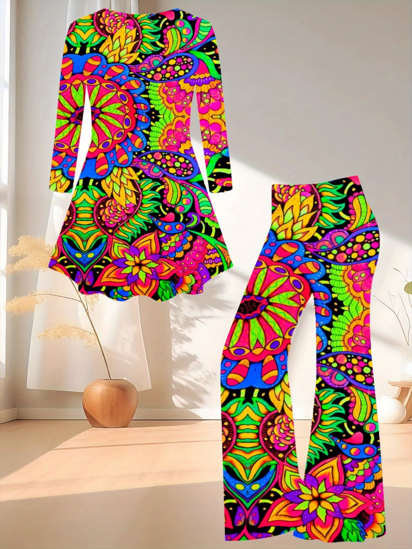 Women's Artistic Paisley-Print Flared Culotte Pantsuit - Multicolor (Pink/Yellow/Green/Blue/Purple) A-Line Asymmetrical Hem Jumpsuit, Casual to Dressy Outfits, All-Season Wear, Round Neck Long Sleeve Matching Set