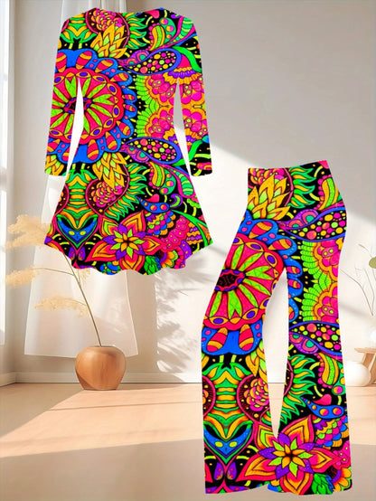 Women's Artistic Paisley-Print Flared Culotte Pantsuit - Multicolor (Pink/Yellow/Green/Blue/Purple) A-Line Asymmetrical Hem Jumpsuit, Casual to Dressy Outfits, All-Season Wear, Round Neck Long Sleeve Matching Set
