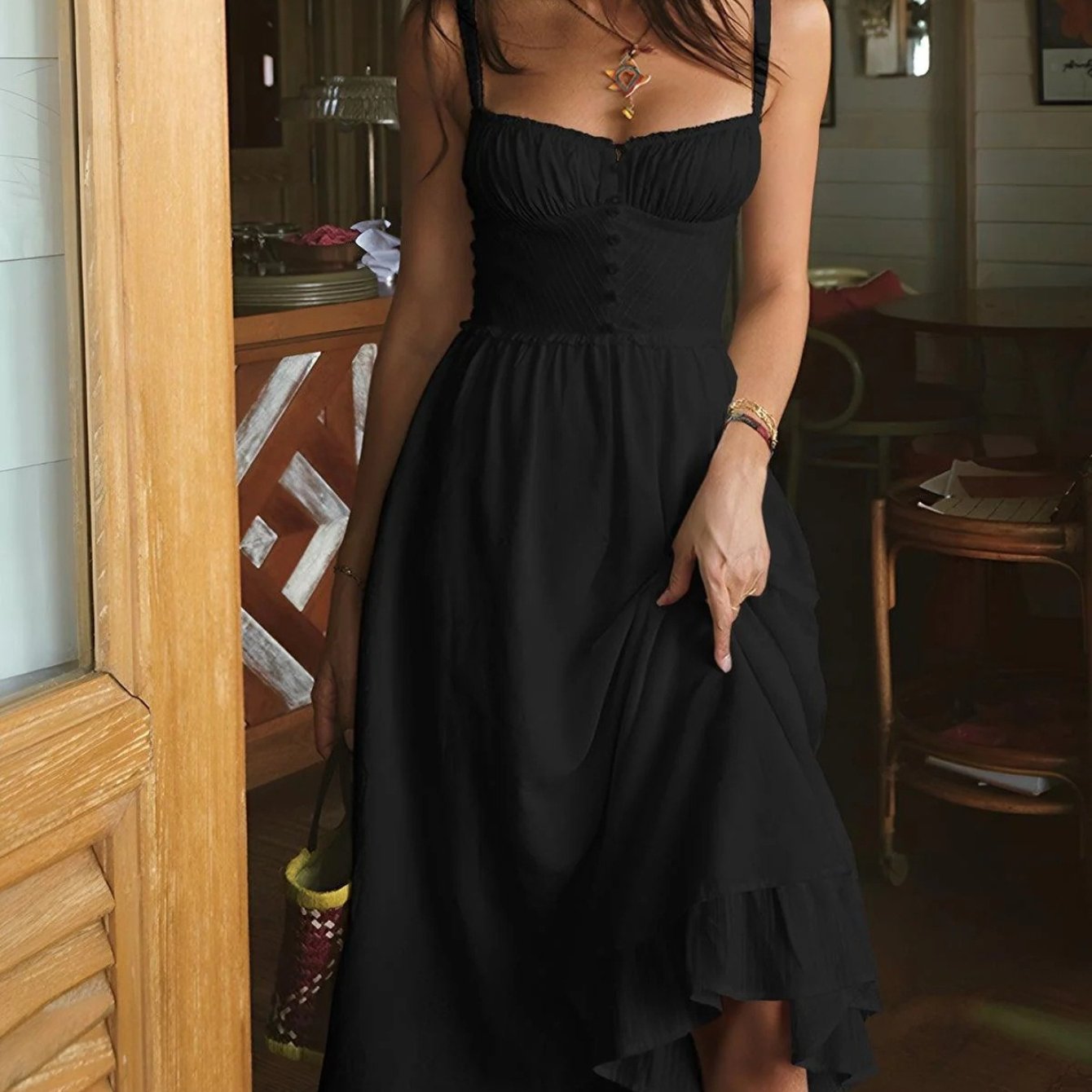 2026 Women'S Sexy Backless High-Waisted Solid Color Spaghetti Strap Dress