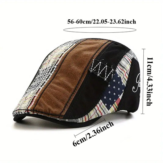 Vintage Colorblock Patchwork Newsboy Cap - Unisex Plaid & Polka Dot Lettering Hat, Burgundy/Black/Grey Retro Design for Men & Women, Casual & Holiday Outfits, Vintage Cap For Men, Hats For Men, Mens Hats, Ivy Caps For Men, Me