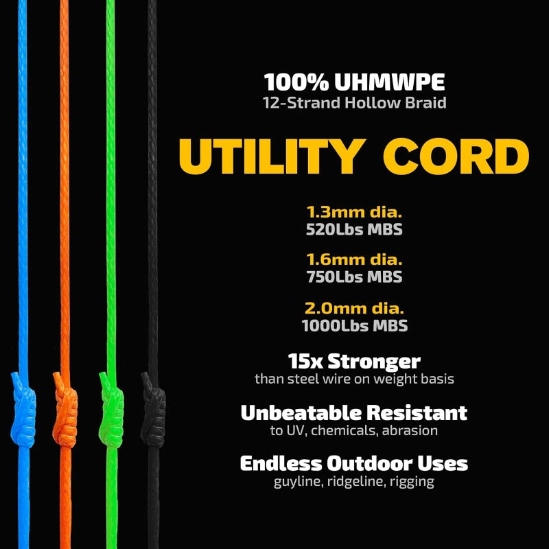 1.3mm/1.6mm/2mm Hollow UHMWPE Braided Cord - Heavy-Duty 520-1000+ Tensile Strength, Low-Weight Spliceable Rope for Tent Guyline, Tarp, Hammock, Ridgeline, Whoopie Sling - Dyneema/Spectra-like (Camping, Backpacking, Survival),