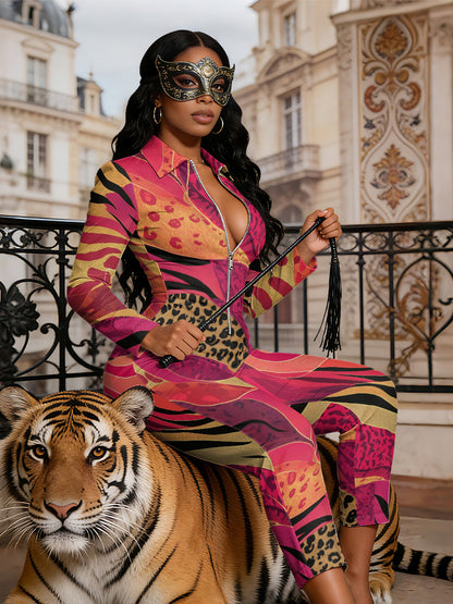 Ladies' Four-Season Long-Sleeved Sexy Jumpsuit | Front Zipper Design, Light Style, Fashionable Full-Print, Perfect for Daily Outings and Casual Wear, Fashionable and Sexy Outfit