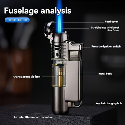 This Is a Windproof Inflatable Lighter Designed with a Creative Transparent Gas Box And a Round Machine, Featuring a Cover And No Butane
