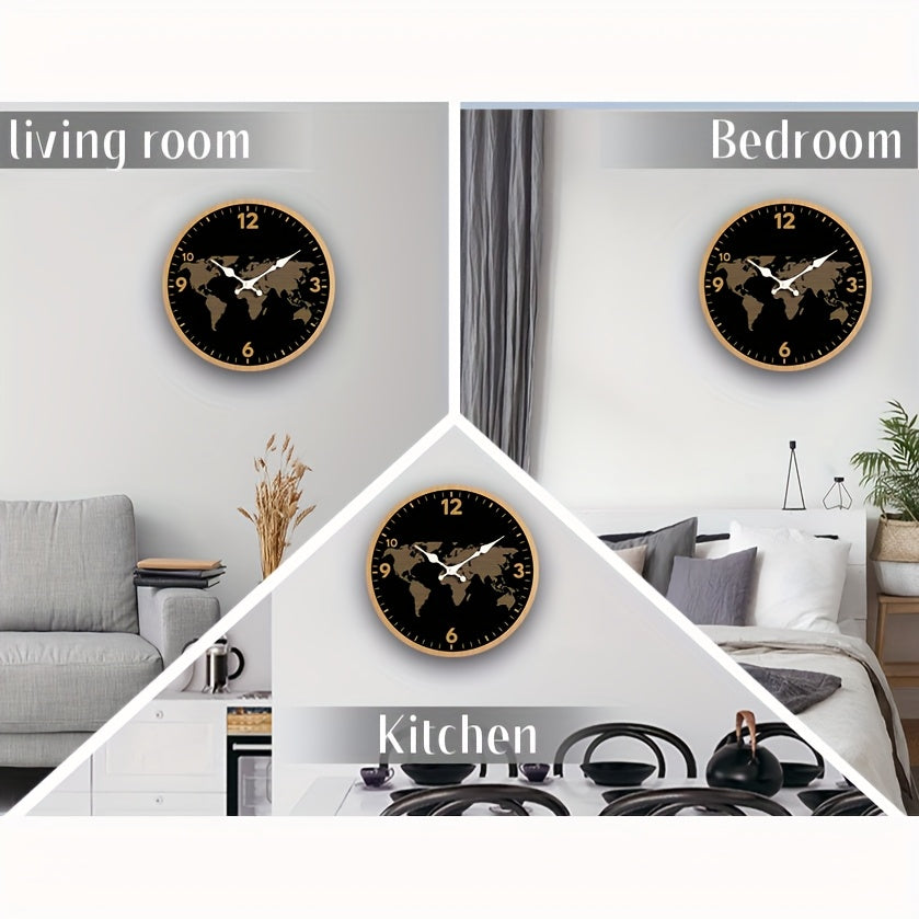 1pc Round Clock, World Map Themed Design Wall Clock, Silent Quartz Wooden Clock, Suitable for Bedroom Living Room Office Kitchen Bathroom, Battery Powered (Batteries Not Included)