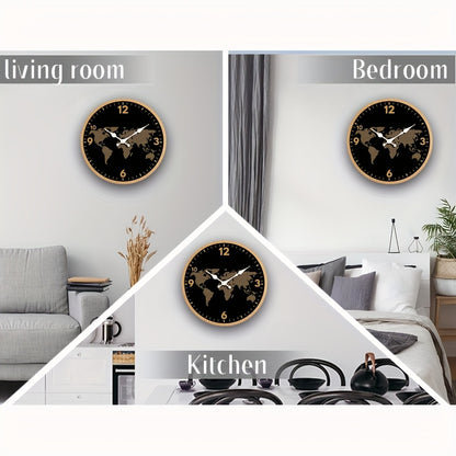 1pc Round Clock, World Map Themed Design Wall Clock, Silent Quartz Wooden Clock, Suitable for Bedroom Living Room Office Kitchen Bathroom, Battery Powered (Batteries Not Included)