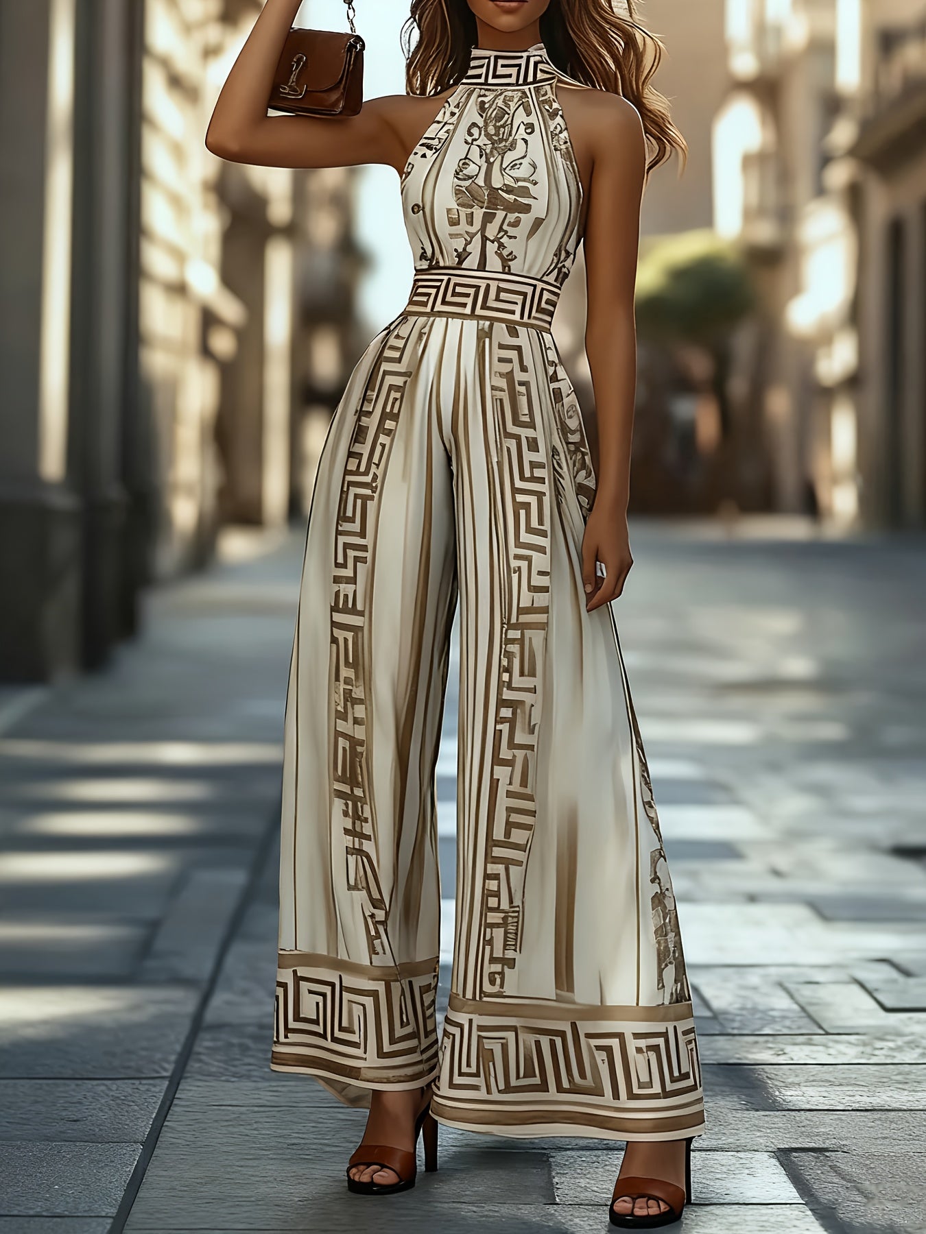 Ladies' Summer New Fashionable Stand Up Collar Sleeveless Off Shoulder Wide Leg Jumpsuit Casual Retro Patterned Jumpsuit