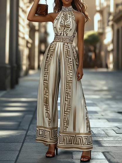 Ladies' Summer New Fashionable Stand Up Collar Sleeveless Off Shoulder Wide Leg Jumpsuit Casual Retro Patterned Jumpsuit
