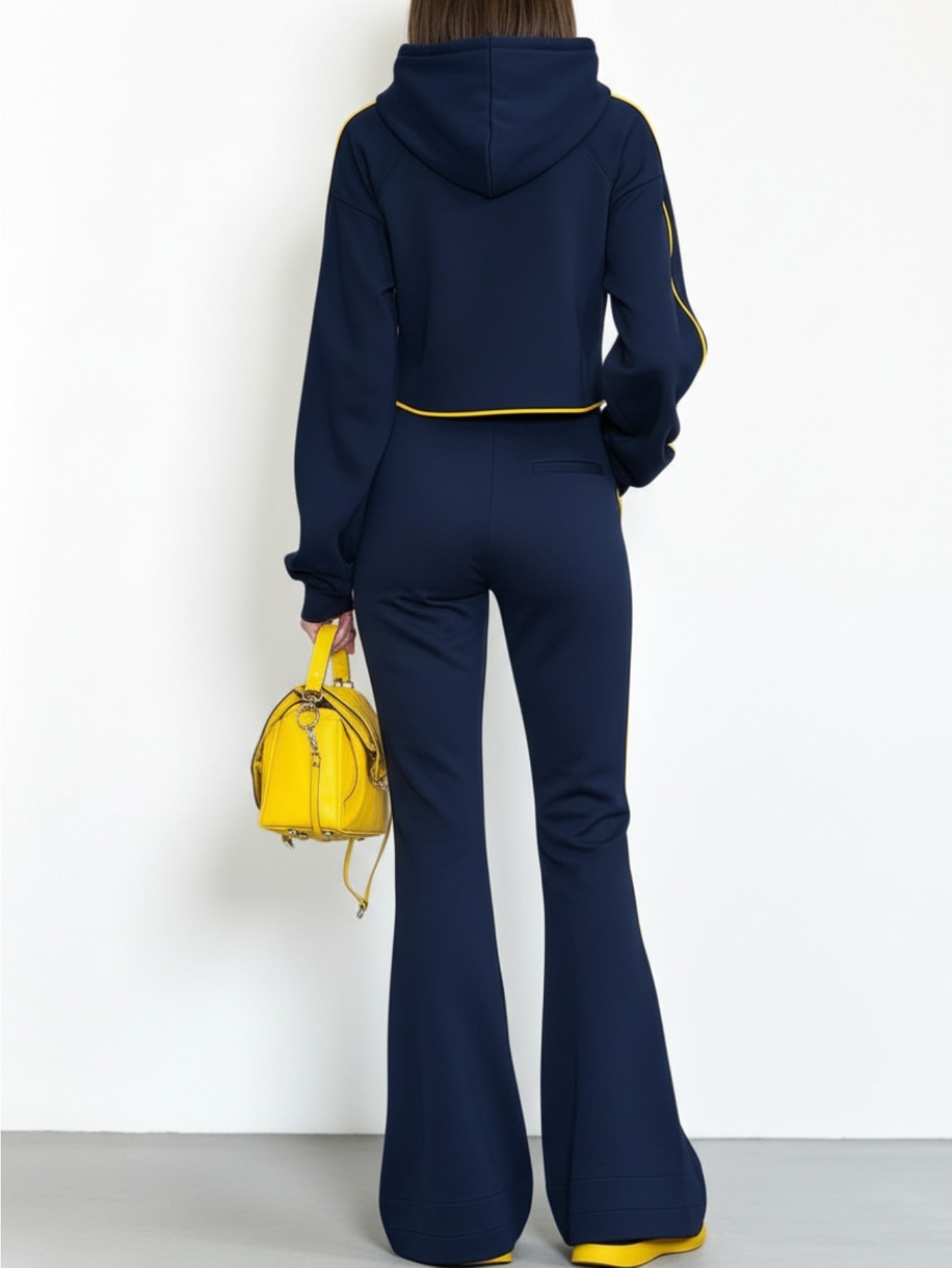 Navy Blue with Yellow Stripes Hooded Half-Zip Cropped Top + Wide-Leg Pants Women'S Suit Set | Stylish Trendy Minimalist Commute Vibe Perfect for Daily Outings, Leisure Commutes & Relaxed Outdoor Multi-Scene Looks | Solid Colo