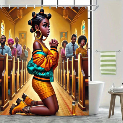 1/4 Shower Curtain Set - Christian Church Prayer Scene with Golden Pews, Non-Slip Bath Mat & Toilet Seat Cover, Machine Washable Bathroom Decor - Religious Bathroom Decoration for Christmas, Thanksgiving, Easter - Spiritual G