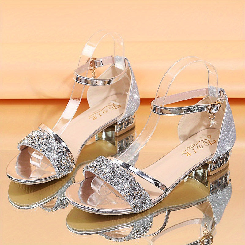 Women'S European-American Style Low Block Heel Sandals - Open-Toe with Adjustable Strap, Non-Slip Synthetic Sole - Size 43 (US 10.5) - for Parties, Weddings, Everyday - Summer Women'S Shoes, Wedding Footwear, Rhinestone Embel