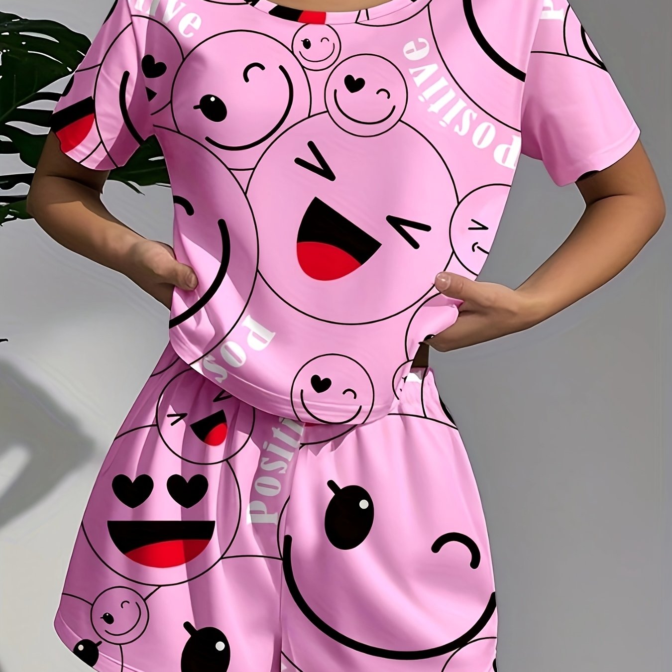 Women's Pajamas Women's Casual Sleepwear Happy Theme Patterned Pajama Set, Soft Loose Fit Short Sleeve Top with Elastic Pants, Machine Washable and Dry Cleanable, Perfect Sleeping Choice