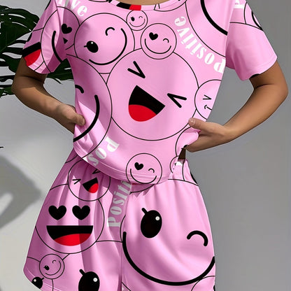 Women's Pajamas Women's Casual Sleepwear Happy Theme Patterned Pajama Set, Soft Loose Fit Short Sleeve Top with Elastic Pants, Machine Washable and Dry Cleanable, Perfect Sleeping Choice