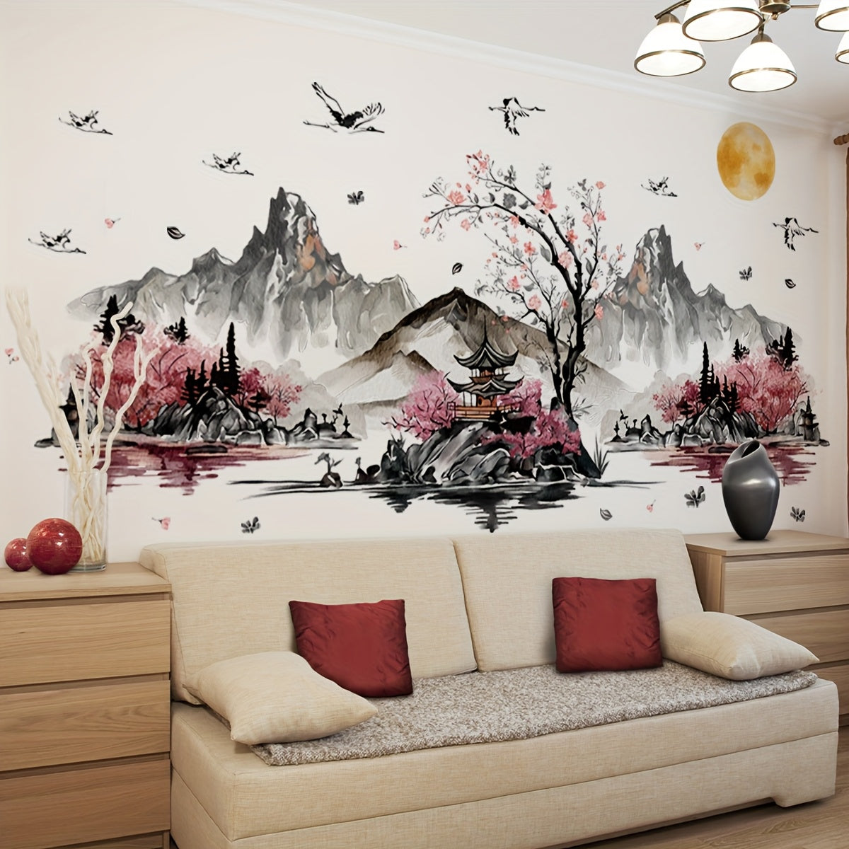 A Set of Four Ink Wash Paintings Resembling Scenic Wall Stickers for Home Decoration, Self-Adhesive M13603-KN.