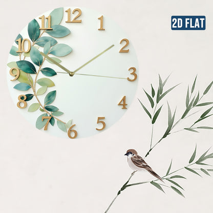 2D Flat Green Leaf Theme Design, Silent Wall Clock for Home Living Room Creative Fashionable Bedroom Hanging Clock Without Battery, 2D Flat