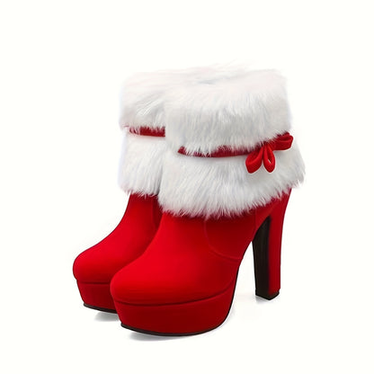 Women's Plush Lined Short Bowknot Boots with High Block Heel - Round Toe Zipper Closure Winter Boots, Soft Rubber Sole & Bow Accent Christmas Boots for Jeans/Casual Outfits (Hand Washable)
