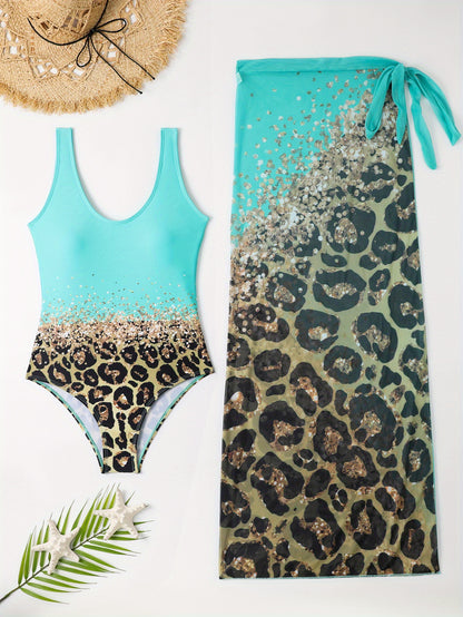 Lake Green Limited Edition Leopard Print One-Piece Swimsuit + Leopard Print Wrap Skirt