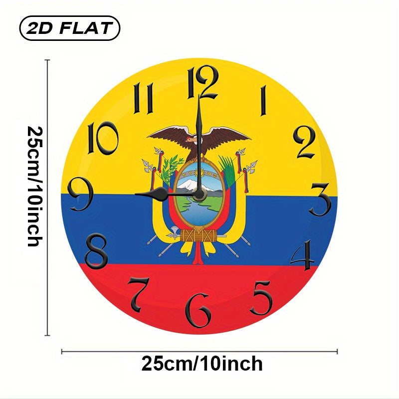 1pc Rustic Farmhouse Ecuador Flag Wooden Wall Clock, Silent Quartz Movement, Round Shape, AA Battery Operated (Not Included), Decorative Inspirational Timepiece for Kitchen, Bedroom, Living Room, Bathroom, Office - 2D Flat De