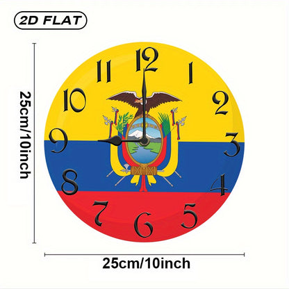 1pc Rustic Farmhouse Ecuador Flag Wooden Wall Clock, Silent Quartz Movement, Round Shape, AA Battery Operated (Not Included), Decorative Inspirational Timepiece for Kitchen, Bedroom, Living Room, Bathroom, Office - 2D Flat De