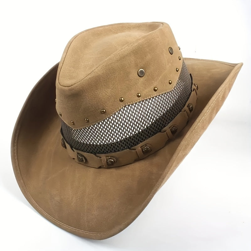 Vacation Faux Cowboy Fedora Hat - Unisex Western Hombre Style with Breathable Mesh Back Panel, Brown, Sizes 22.83-23.62 Inch for Men & Women