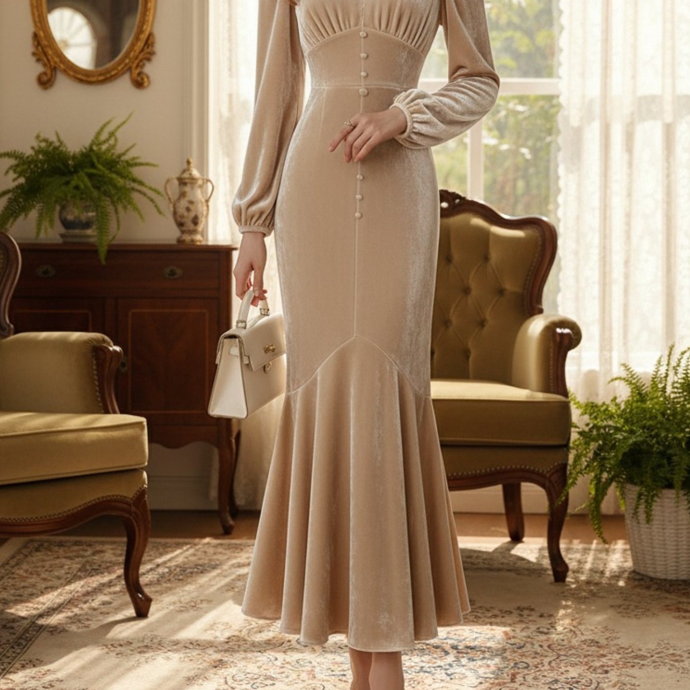 This Elegant Long-Sleeve Midi Dress Features a Mock-Neck And V-Collar Design, Perfect for Women. Its Retro And Exquisite Style Makes It Ideal for Formal Events, Romantic Outings, And Luxurious Afternoon Teas During The Fall A