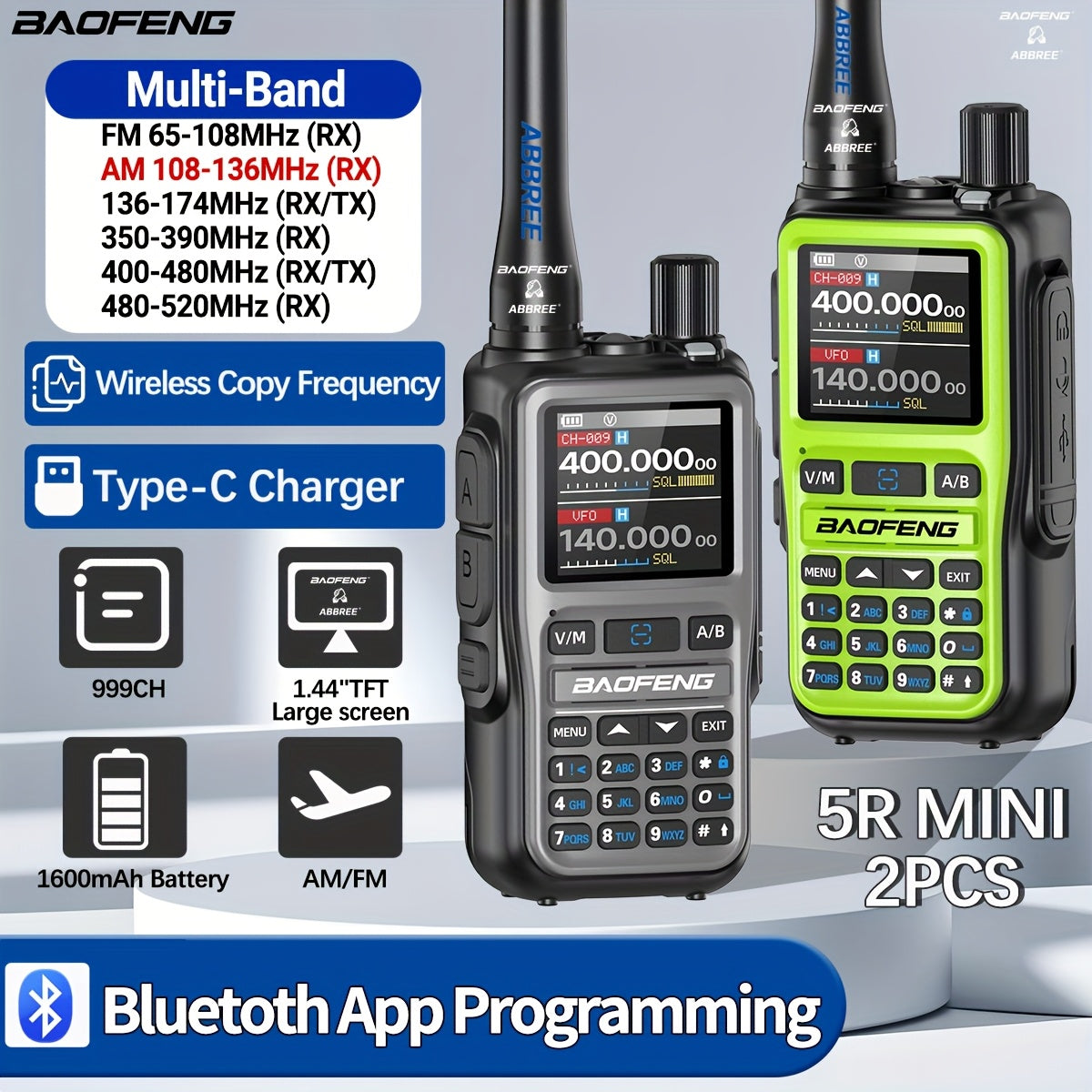 2-Pack Baofeng UV-5R Mini Ham Radio Two-Way Walkie Talkies with NOAA Weather Alerts, Dual PTT, APP Programming & Frequency Copy (999 CH) | USB-C Charging, VHF/VHF/UHF for Hunting, Survival, Skiing, for, Camping, Emergency - C