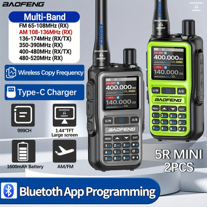 2-Pack Baofeng UV-5R Mini Ham Radio Two-Way Walkie Talkies with NOAA Weather Alerts, Dual PTT, APP Programming & Frequency Copy (999 CH) | USB-C Charging, VHF/VHF/UHF for Hunting, Survival, Skiing, for, Camping, Emergency - C