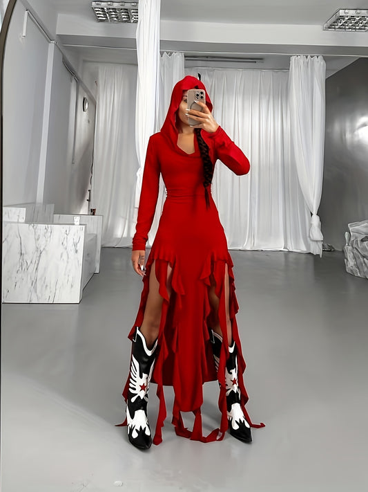 2024 New Trendy Ruffled Hem Long-Sleeve Hooded Irregular Dress for Women