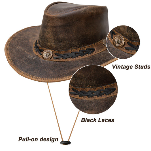 Shapeable Leather Cowboy Hat Into Outback Hat Western Vintage Australian Hats for Men & Women, Festival Unisex Outdoor, High Quality &, Handcrafted Headwear-Stitching, Lightweight Top-Grain Leather, Brass Studs, Adjustable Ch