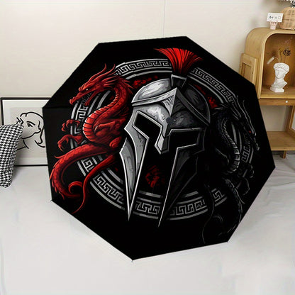 Spartan Warrior 2 Automatic Folding Umbrella - 8-Rib Durable Windproof Design, Portable Travel Umbrella with Red & Black Spartan Warrior Artwork, Ideal Gift for Men, Travel Umbrella, Gift Item, Bold Graphic Design, Sturdy Con