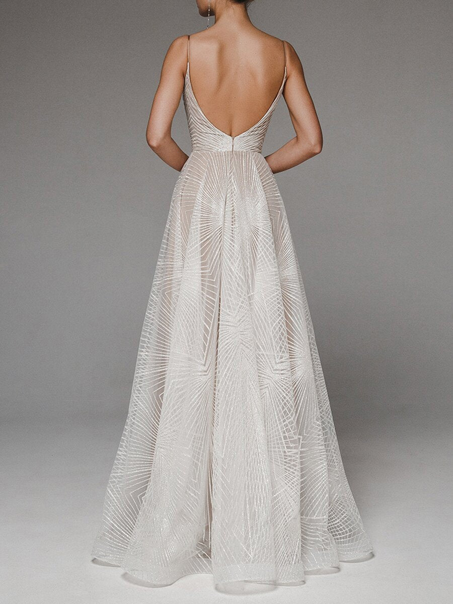 Geometric Beaded Spaghetti Strap V-Neck Flared Wedding Dress, Lightweight Tulle Fitted Gown, Simple and Elegant Style