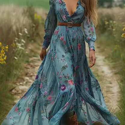 Women'S Long Sleeve Dress with Lace Trim & Elastic Cuffs | Flowy Floral Print A-Line Retro Dress, Elegant V-Neck, Long Length, Belted, Perfect for Spring/Summer - SCACTO