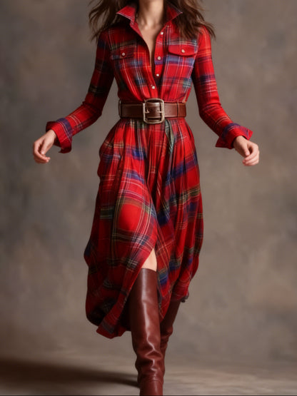 Women'S Autumn-Winter French Retro Elegant Literary Plaid Lapel Maxi Dress | Long Sleeve, Button Details, Vintage Style