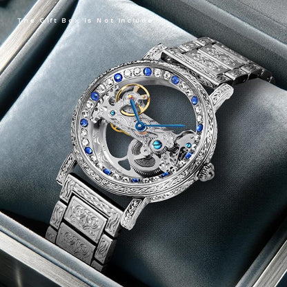 1pc Youth Men's Silvery Steel Strip Gorgeous Style Exquisite Double sided Hollow Perspective Fully Automatic Mechanical Watch