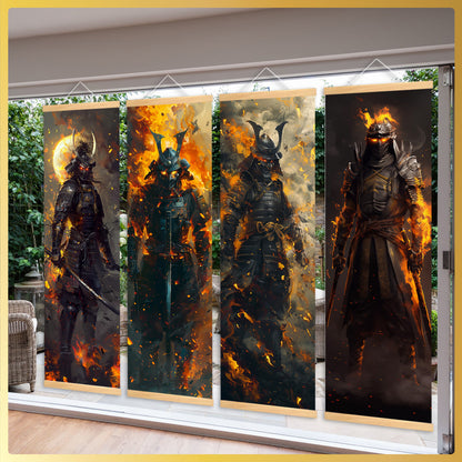 4pcs Unframed Dynamic Flaming Samurai Canvas Posters - Japanese Ukiyo-e Art Style, Odorless & HD, Ideal for Gaming Room/Living Room Decor, Perfect Gift for Japanese Culture Enthusiasts, Indoor Wall Art, Living Room Decor | Sa