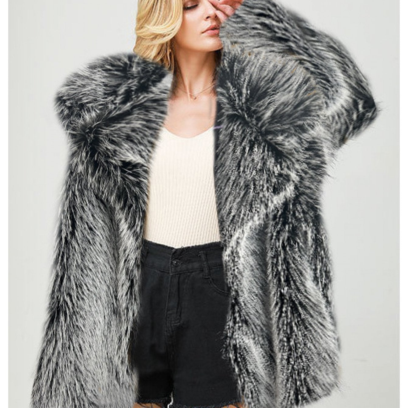 Women'S Elegant Luxurious Mid-Length Faux Fur Coat - Soft Warm Imitation Rabbit & Fox Fur Jacket, Solid Color Winter Outerwear with Full-Length Lining, Cozy Fall/Winter Coat for Casual & Formal Outfits, Versatile Everyday to