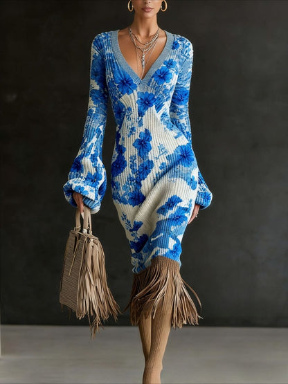 Autumn And Winter New Cross-border European And American Style Flower Dress, Loose V-neck Long Sleeves, Retro Tassel Decoration Exquisite Printing, Skin-friendly Pendant Without Wrinkle, Daily Dating Commuting Versatile Cross