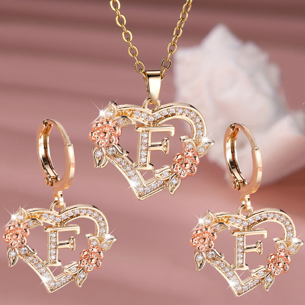 3pcs Women's Initial Jewelry Set - Heart-Shaped Interlocking Link Necklace & Earrings with 26-Letter Monogram, Elegant Golden-Tone -Accented Letters, Dainty Everyday Gift for Mother's Day, Graduation, Birthdays (Pink & Clear