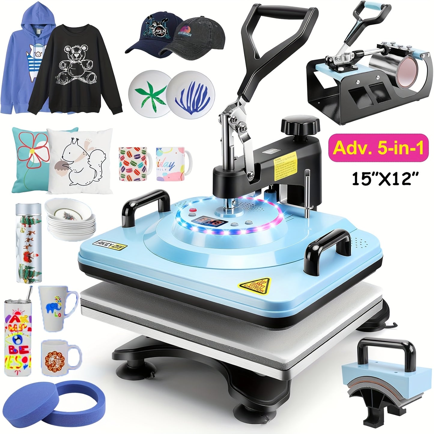 Advanced 8-in-1/ 5-in-1 - 15"x12" Heat Press Machine Set, Multi-Size Transfer Professional Sublimation Combination, With DUAL-TUBE HEATING And LED Lights, Suitable For T-shirts, Bags, Pillows, Hats, Beanies, Roller - Rotatabl